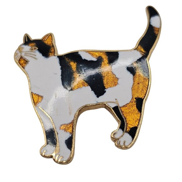 Cat Brooch Calico Kitty Pet Lover Animal Cute Standng Gift Pin Fine Enamels 22CT - Picture 1 of 8